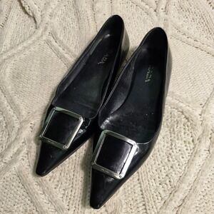 VTG Prada Pointed Toe Flats Black Patent Leather Logo Buckle Womens 39.5